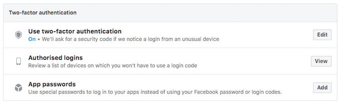 Different types of two factor authentication in Facebook