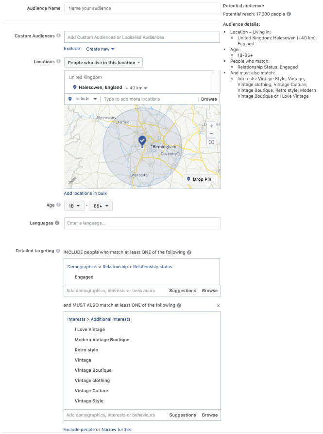 Facebook ad targeting engaged couples with an interest in vintage